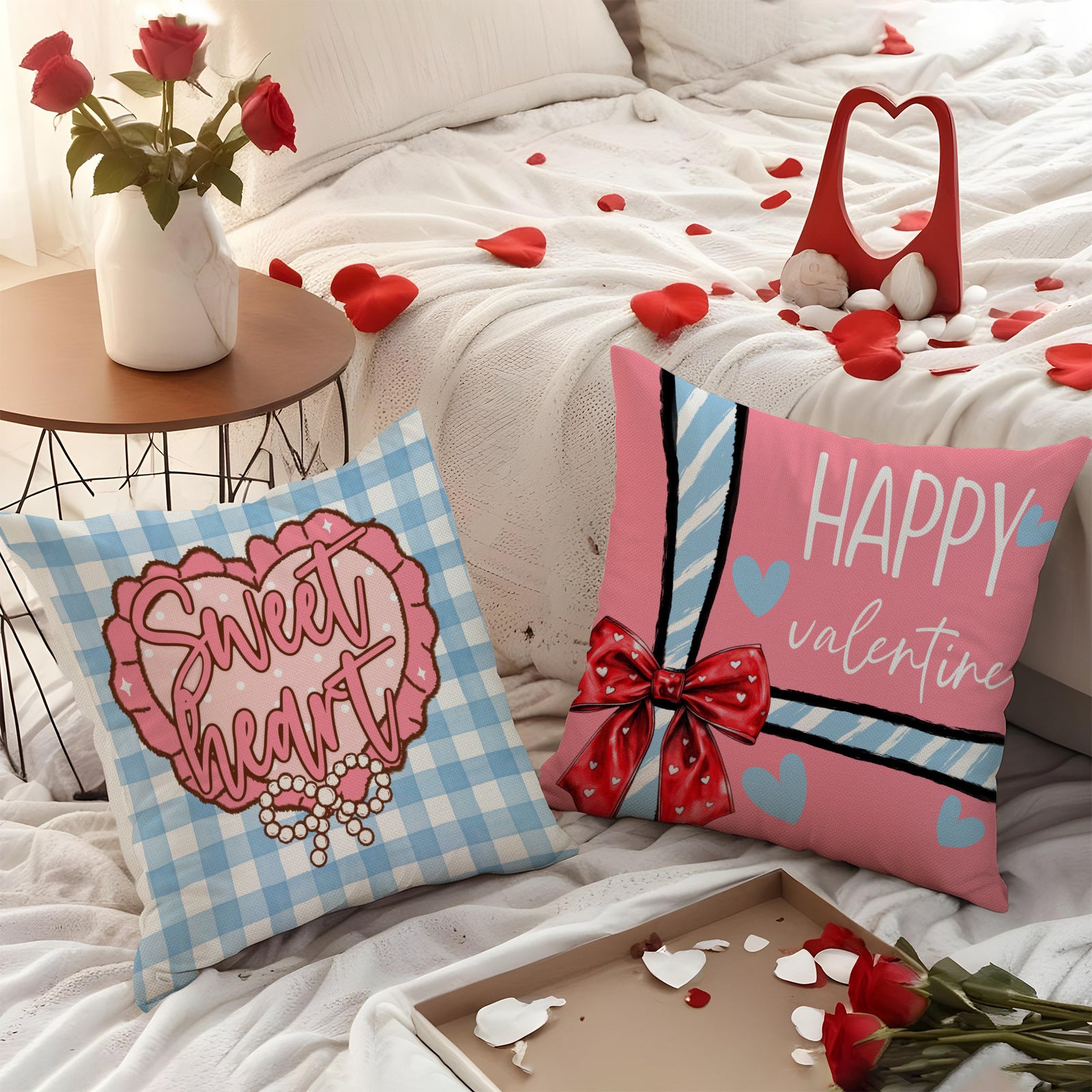 Valentine Pink Plaid Pillow Covers Set Cute Bear Decor
