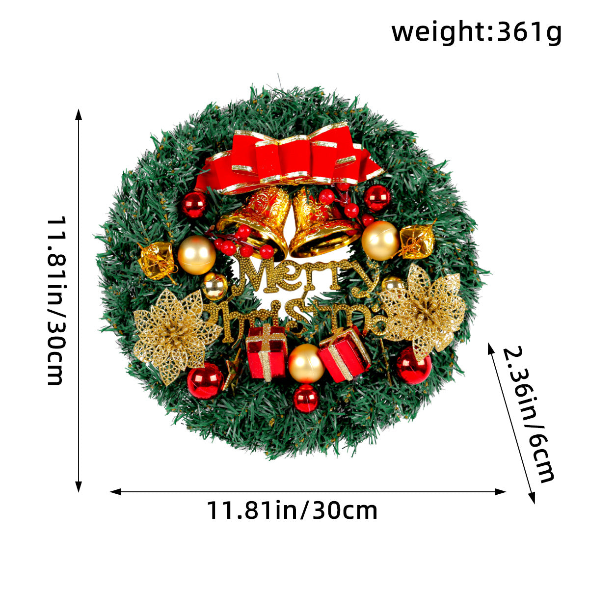 Christmas Wreath with Red Bow and Ornaments Door Decor