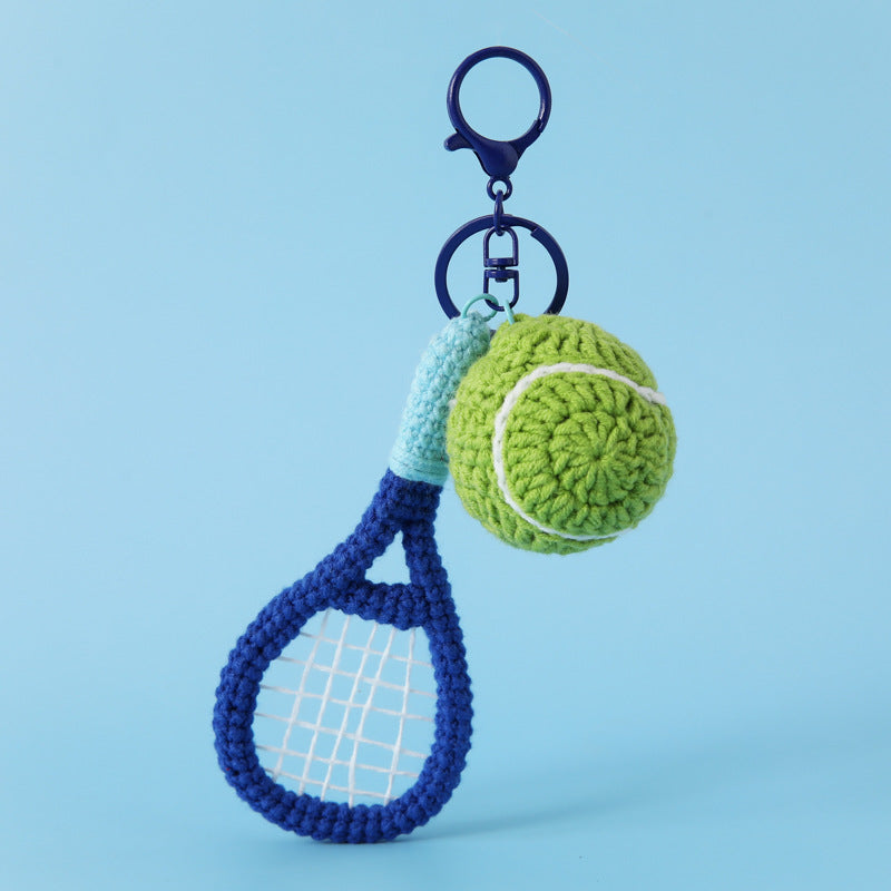 Crochet Tennis Racket Shaped Keychain Sporty Ball Bag Charm