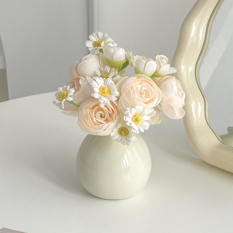 Cream Color Ceramic Vase with Silk Flower Bouquet Home Decor