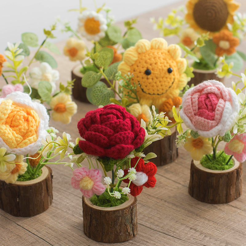 Crochet Daisy Rose Flower Pot Handmade Gift Decor