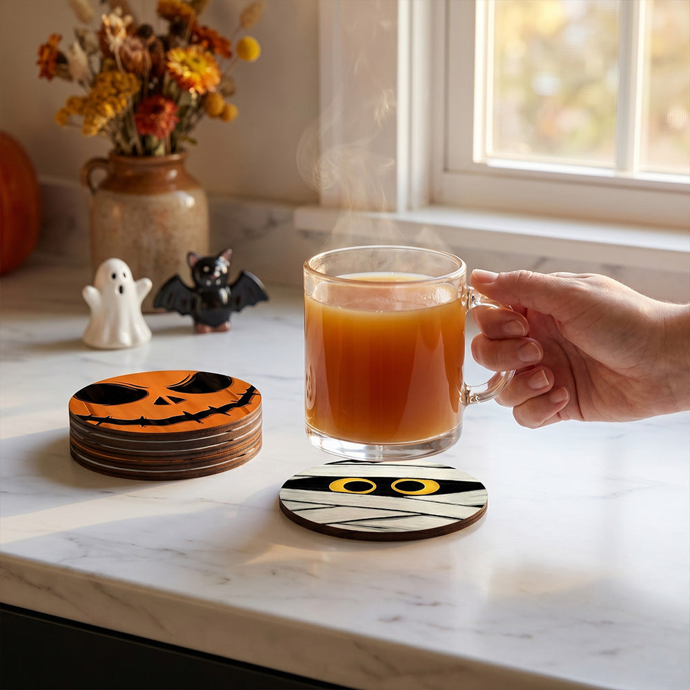 Wooden Halloween Coaster Set Seasonal Table Decor