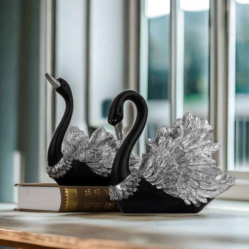 Black Swan Couple Decor Set Romantic Home Sculpture Gift
