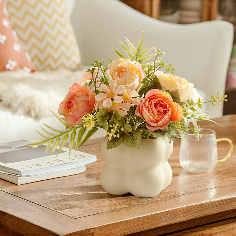 Faux Rose Flower Arrangement Ceramic Bubble Pot Decor