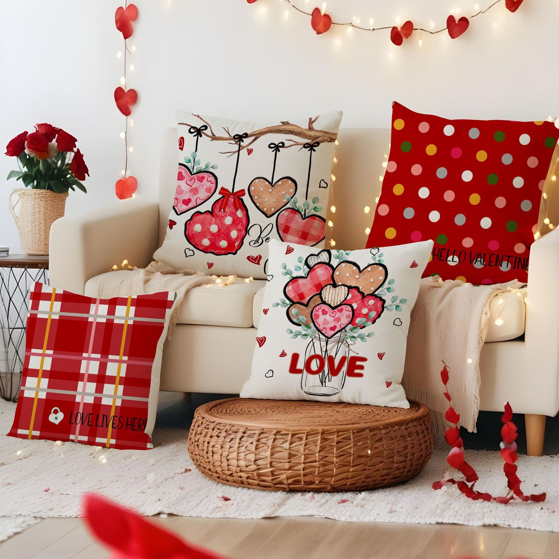 Valentine Heart Balloon Linen Throw Pillow Cover Decor