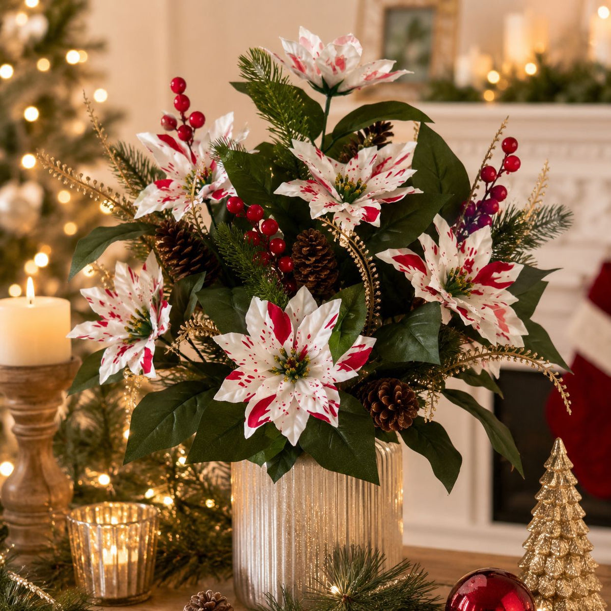 Artificial Poinsettia Christmas Flower Arrangement with Pine Berry Accents