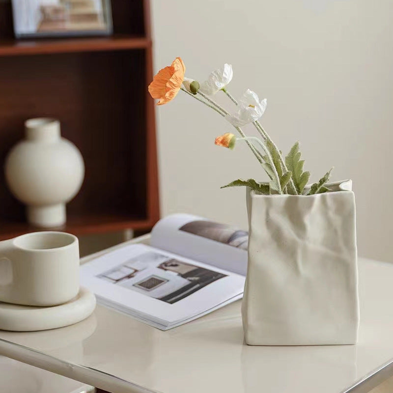 Modern Ceramic Paper Bag Vase Minimalist Desk Table Decor