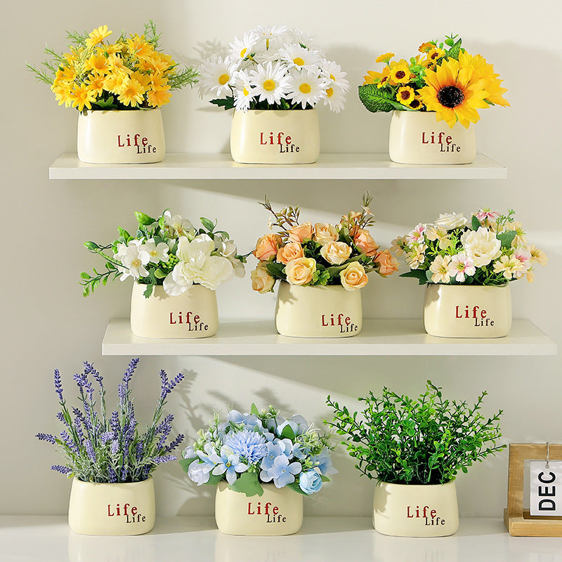 Faux Flower Pot Arrangement Ceramic Planter Decor
