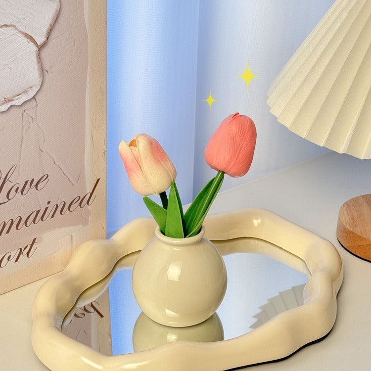 Cream Color Ceramic Vase with Silk Flower Bouquet Home Decor