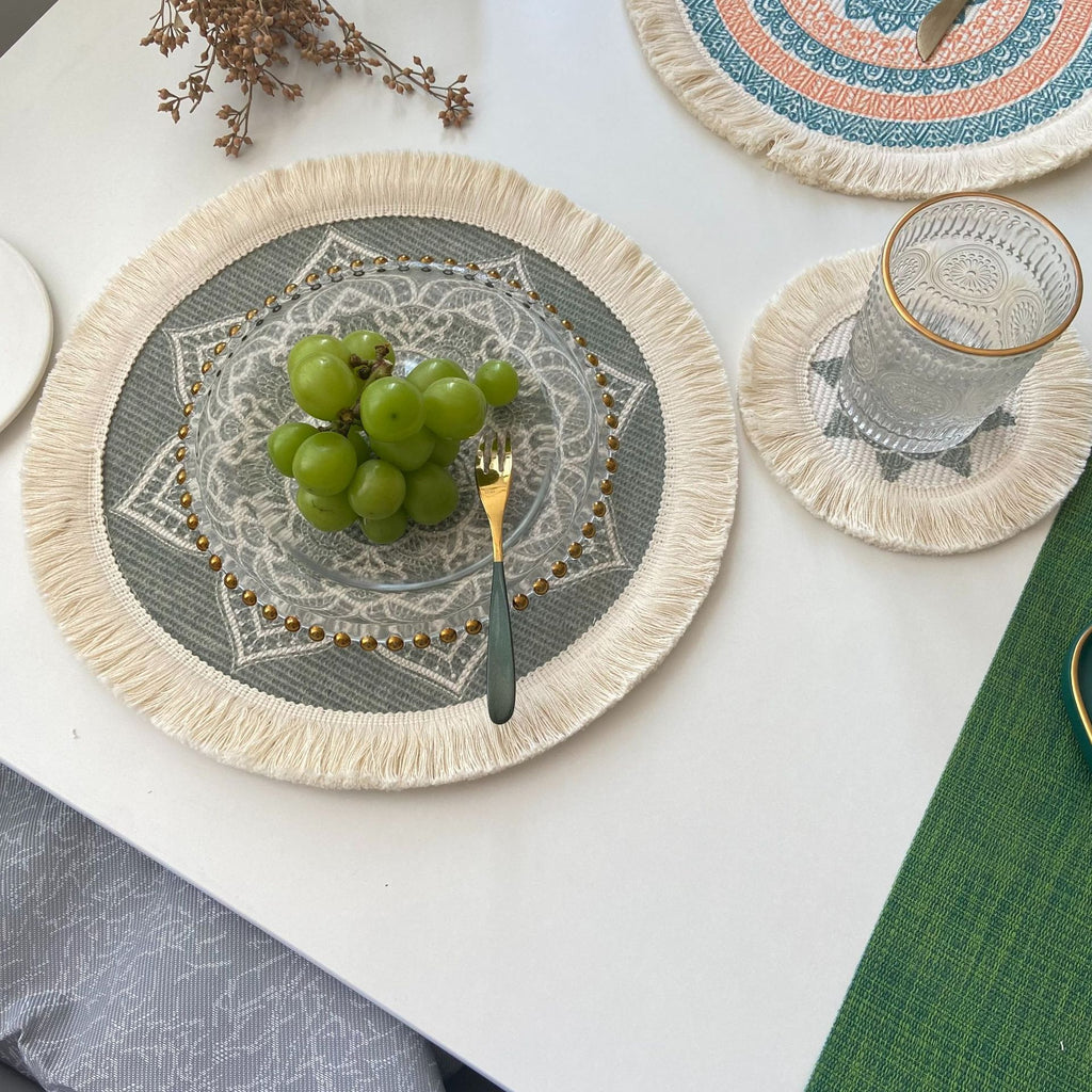 Boho Pattern Round Decorative Drink Coaster Set with Tassels