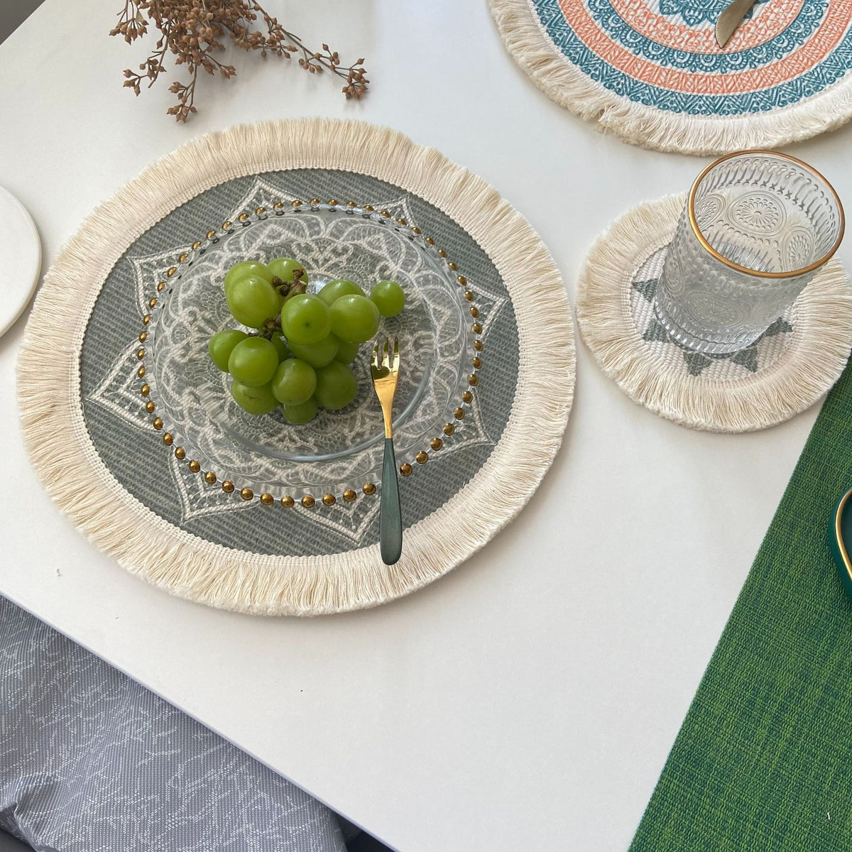 Boho Pattern Round Decorative Drink Coaster Set with Tassels