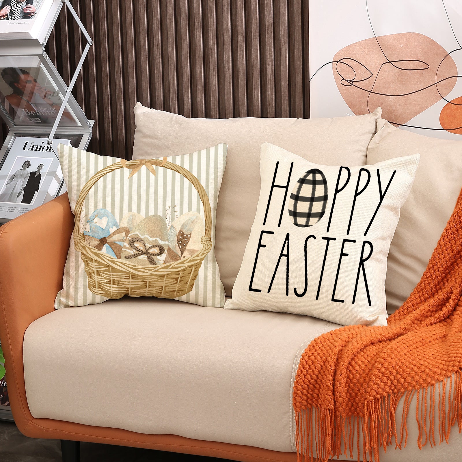 Easter Linen Throw Pillow Cover Bunny Letter Print 18x18