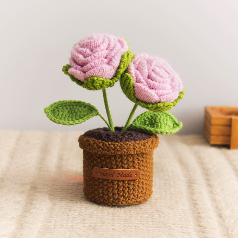 Valentine Handmade Crochet Double Rose Potted Decor