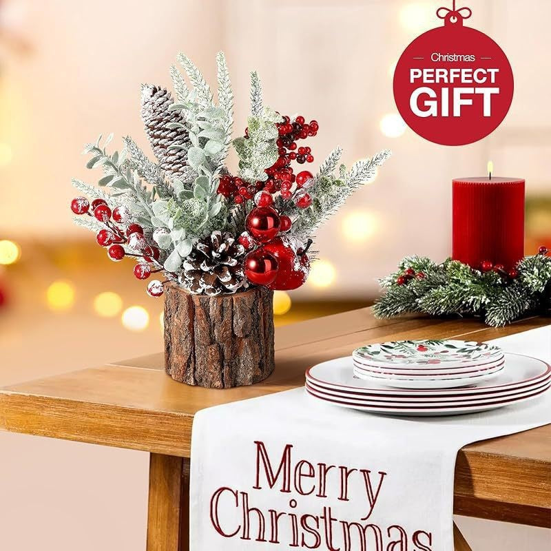Christmas Tabletop Decor with PE Greenery and Rustic Wood Slice Base