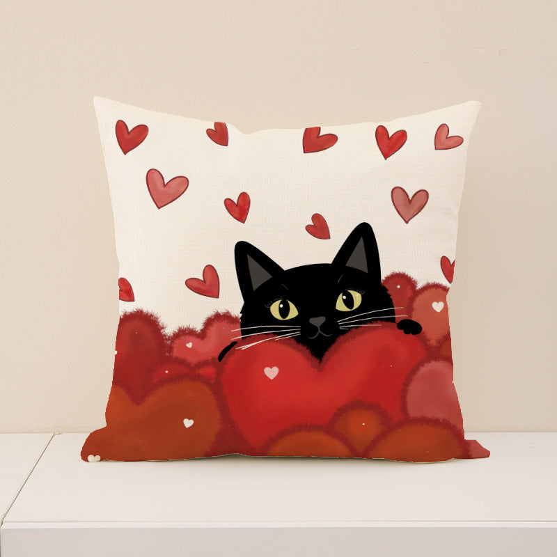 Cute Black Cat Valentine Heart Throw Pillow Cover Set