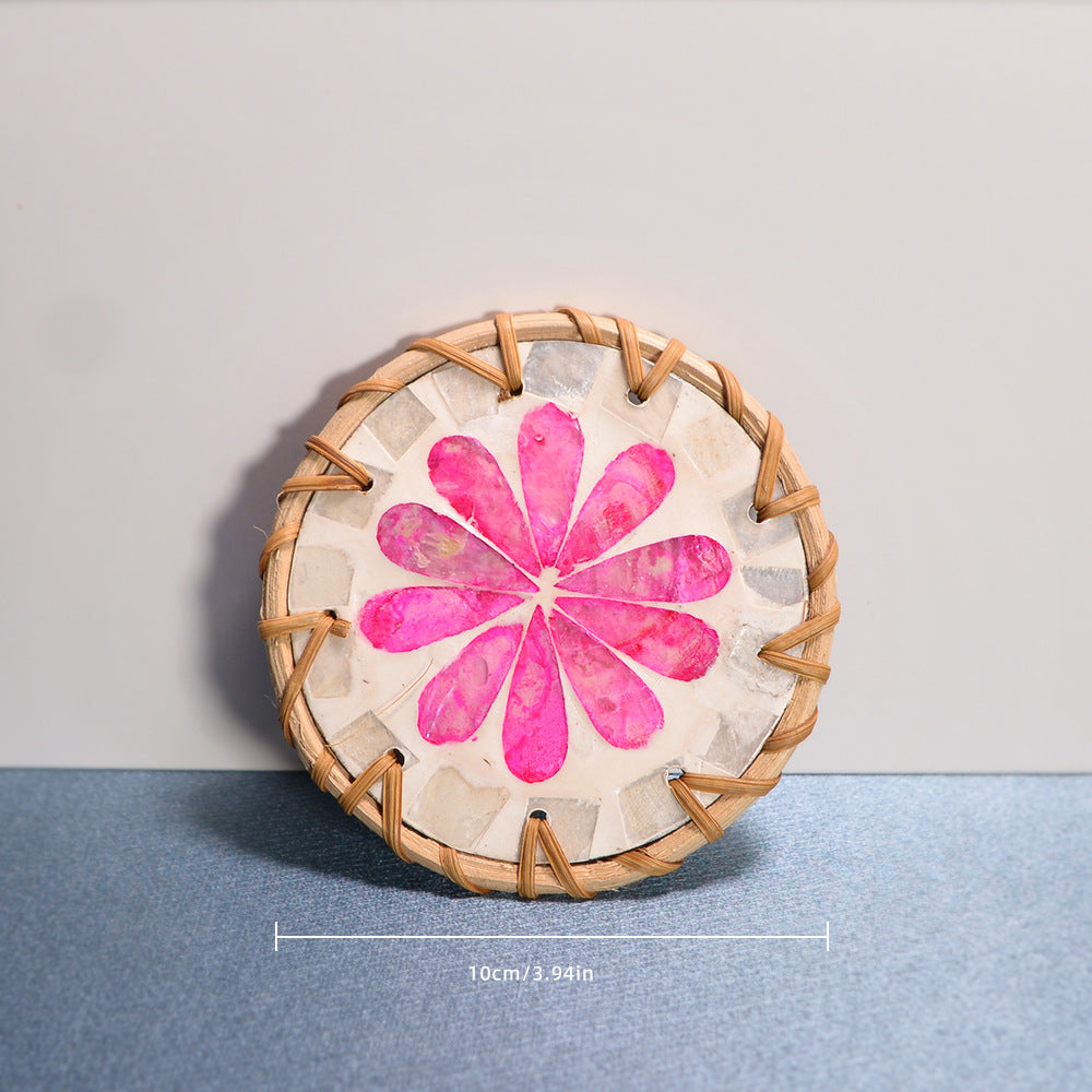 Shell Mosaic Drink Coaster Round Woven Rattan Cup Mat