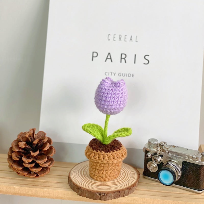 Valentine Crochet Flower Pot Decorative Gift Table Accent