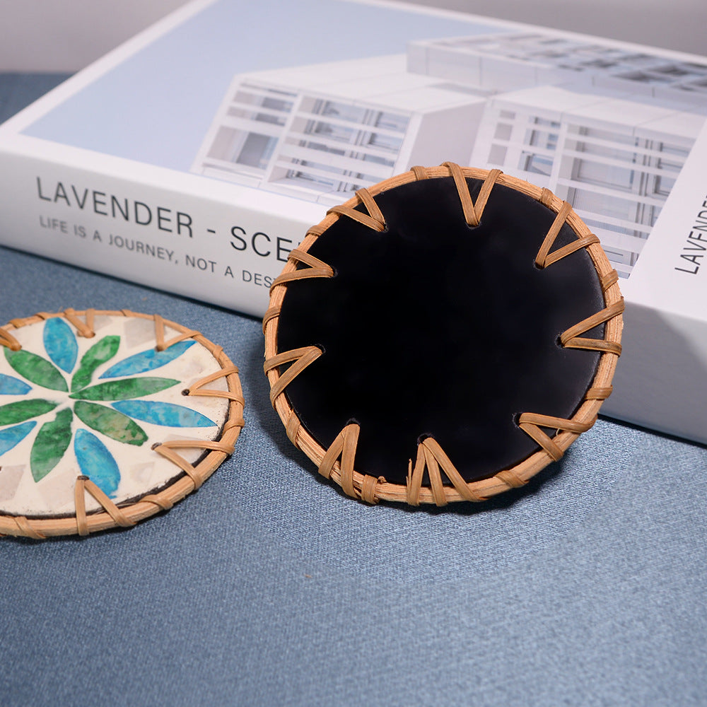 Shell Mosaic Drink Coaster Round Woven Rattan Cup Mat