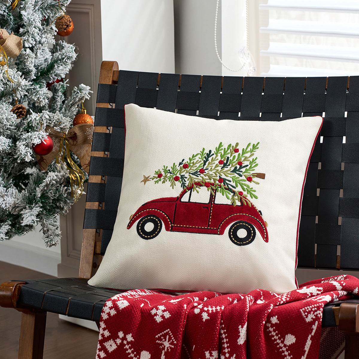Christmas Embroidered Pillow Covers Snowflake Truck 18x18 in