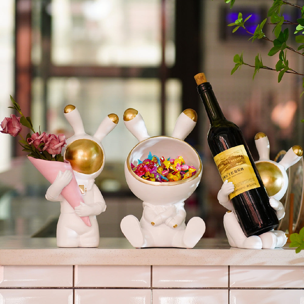 Astronaut Bunny Table Decor Storage Wine Holder Cute Gift