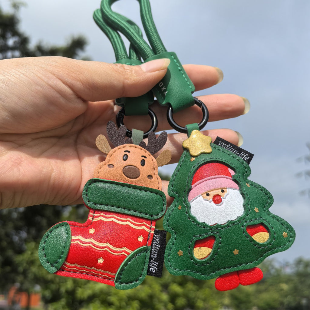 Christmas PU Leather Tree Stocking Charm Keychain