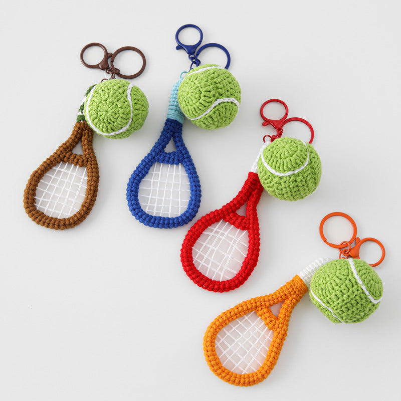 Crochet Tennis Racket Shaped Keychain Sporty Ball Bag Charm