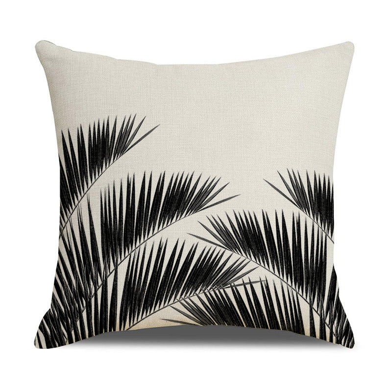 Modern Black White Linen Throw Pillow Cover Botanical Leaf