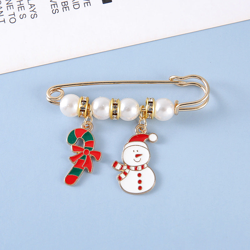 Christmas Pearl Safety Pin Brooch Holiday Jewelry
