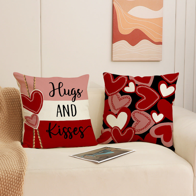 Valentine Linen Pillow Covers with Heart Prints Home Decor