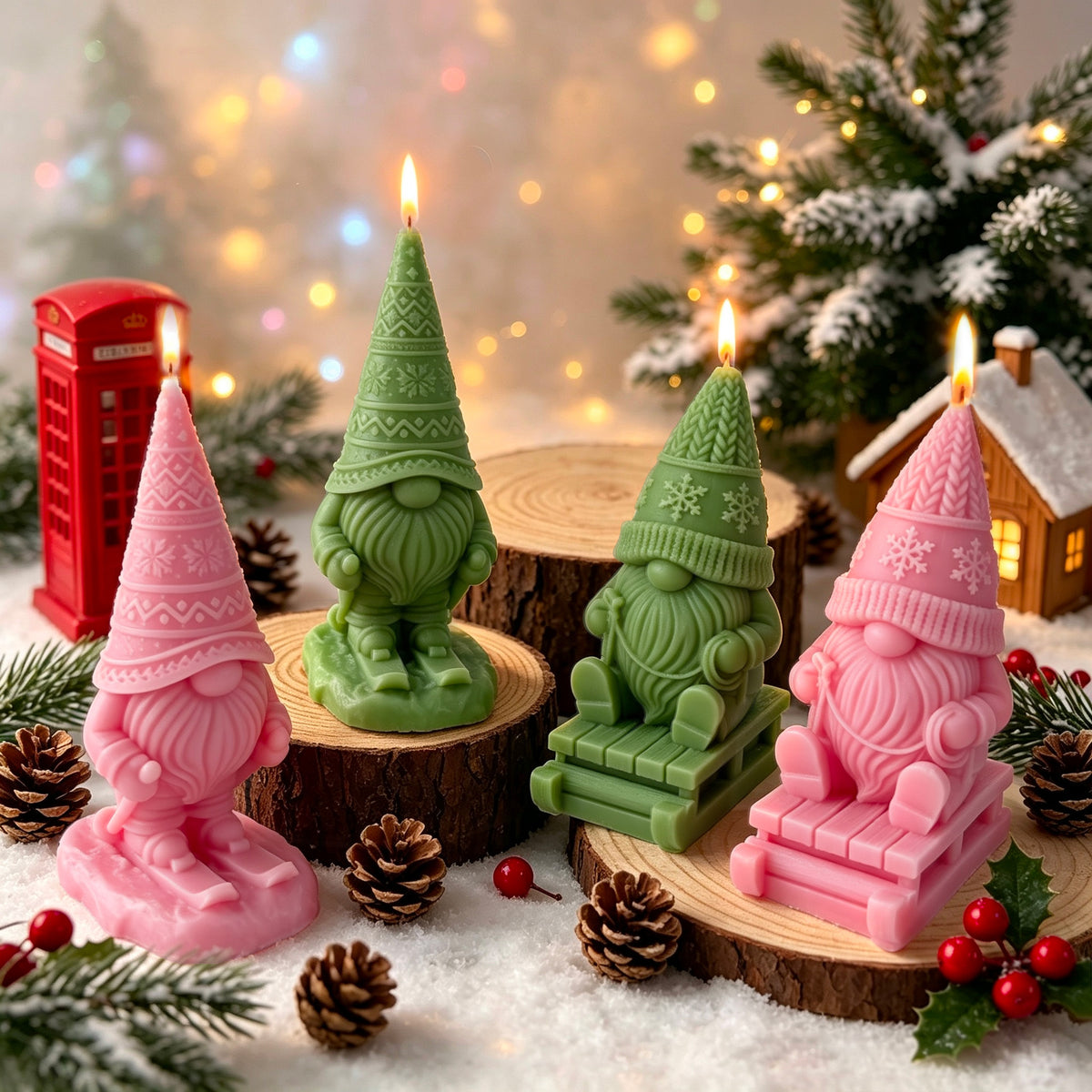 Skiing Gnome Christmas Candle Holiday Decor Festive Tabletop Accent