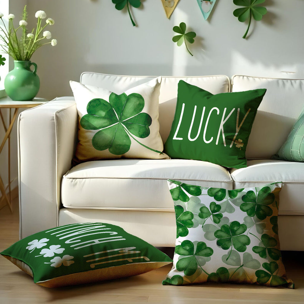 St. Patrick’s Day Clover Linen Throw Pillow Cover 18x18