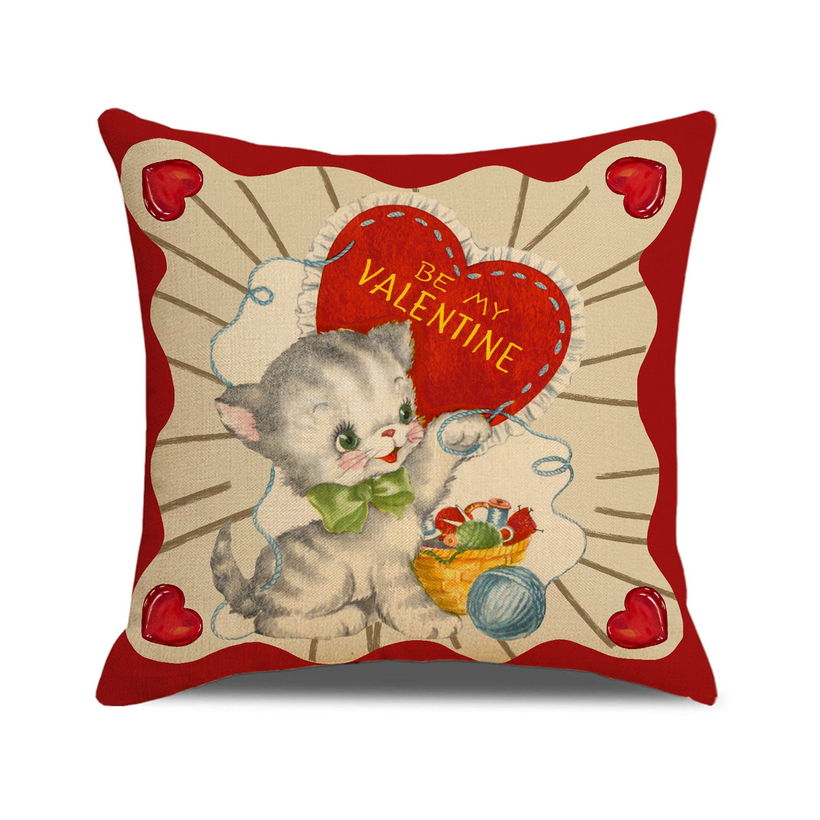 Vintage Valentine Throw Pillow Cover Cute Animal Heart Decor