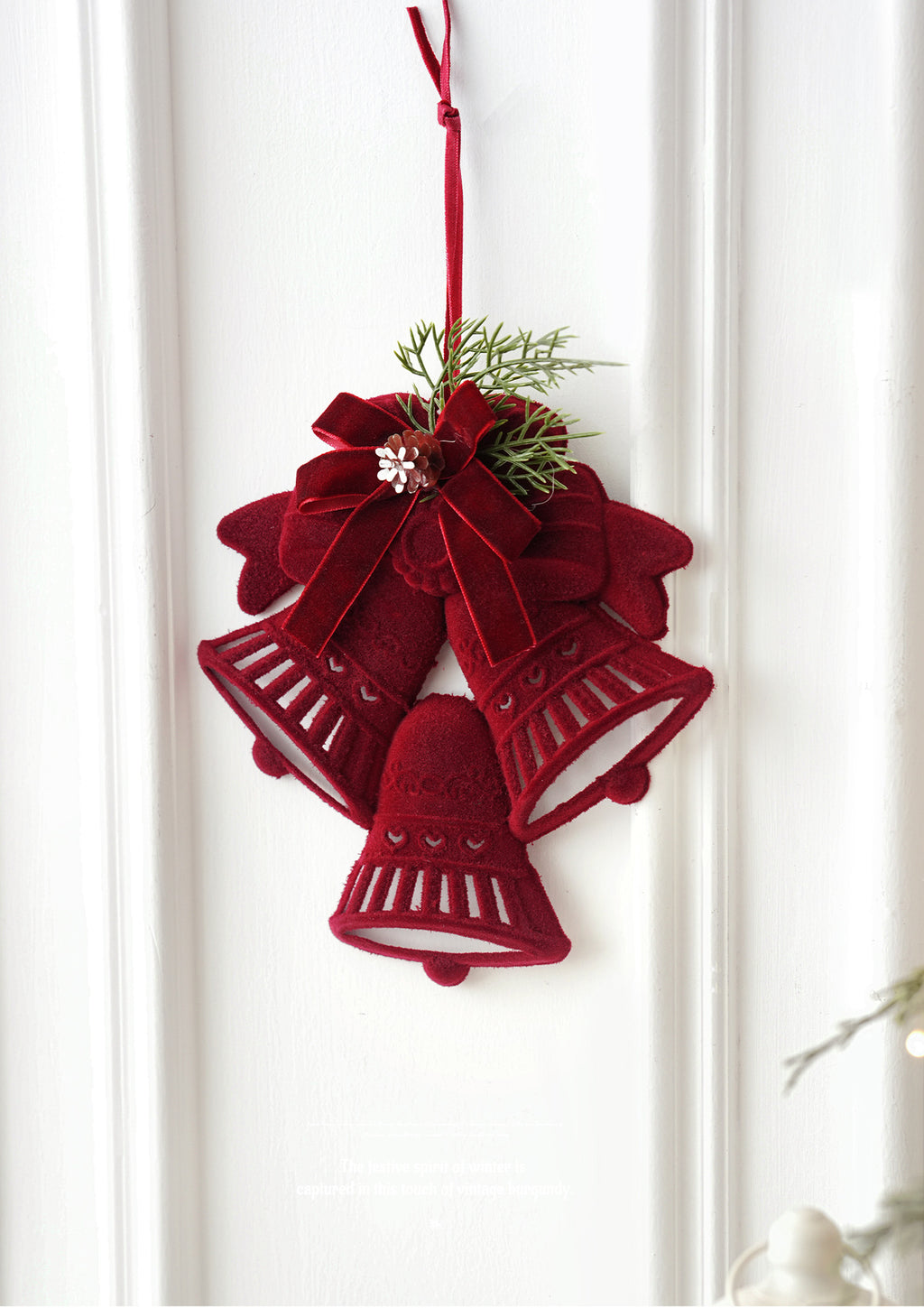 Burgundy Velvet Christmas Bell Ornaments with Bows