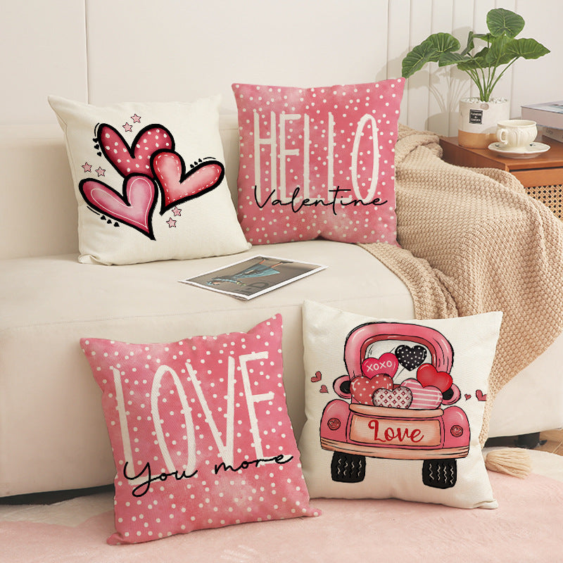 Pink Valentine Heart Print Linen Throw Pillow Covers Set
