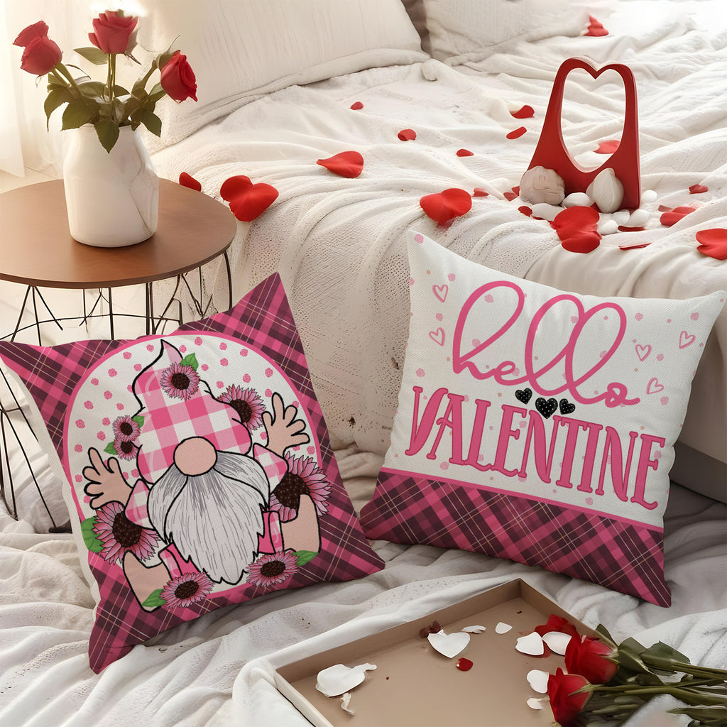 Valentine Love Gnome Pink Plaid Heart Throw Pillow Covers
