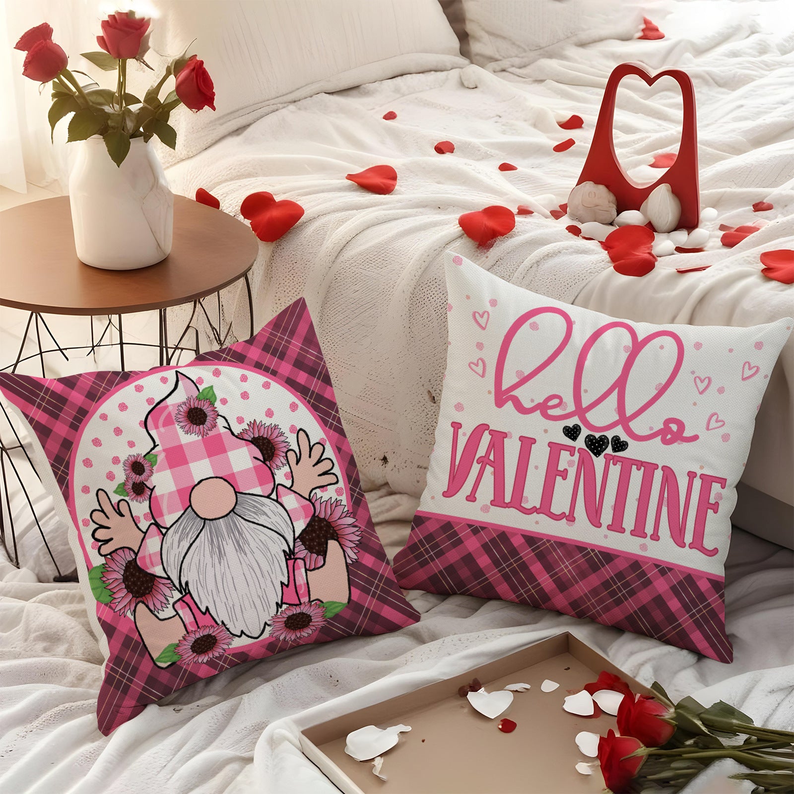 Valentine Love Gnome Pink Plaid Heart Throw Pillow Covers