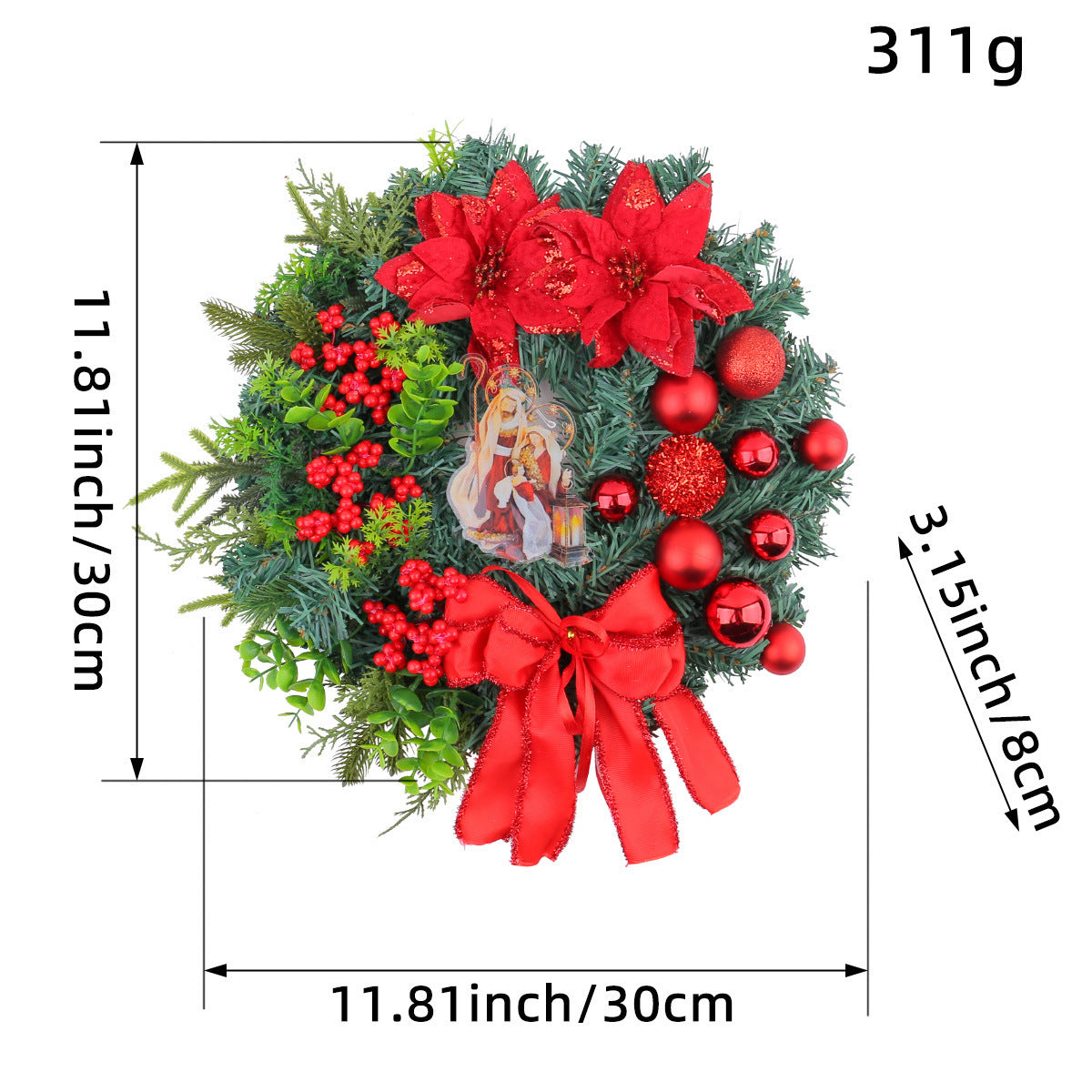 Christmas Wreath with Red Bow and Ornaments Door Decor