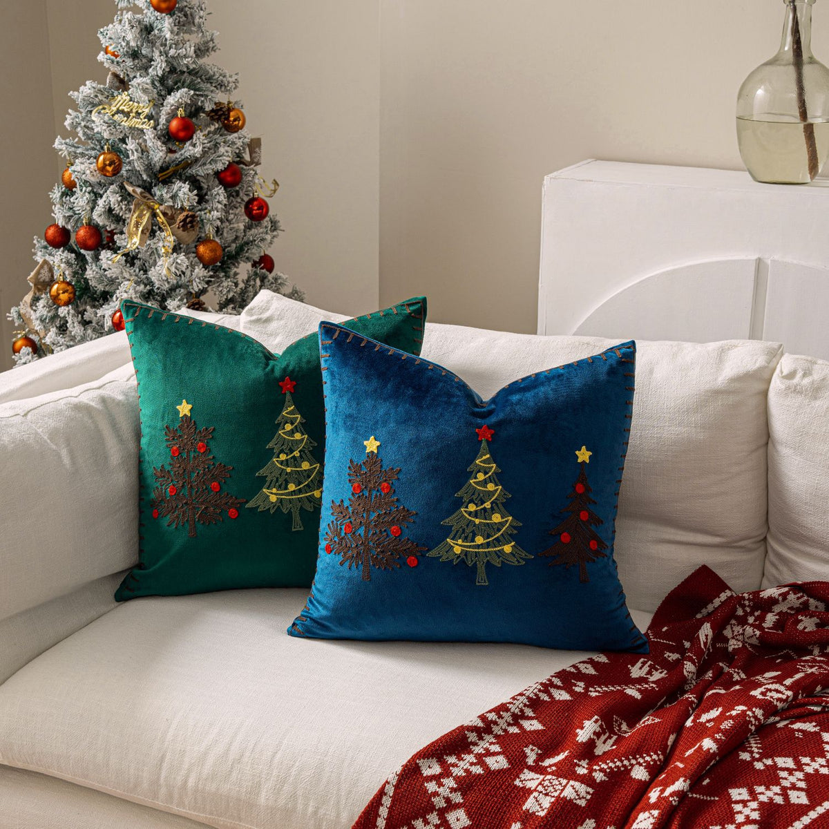 Christmas Tree Embroidered Throw Pillow Cover 18x18in