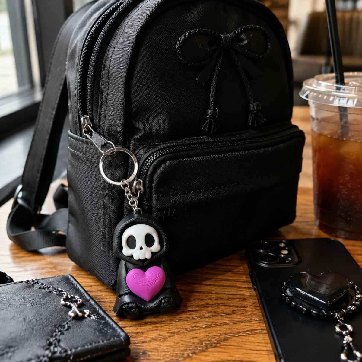 3D Printed Skull Heart Keychain PLA Gothic Gift Accessory
