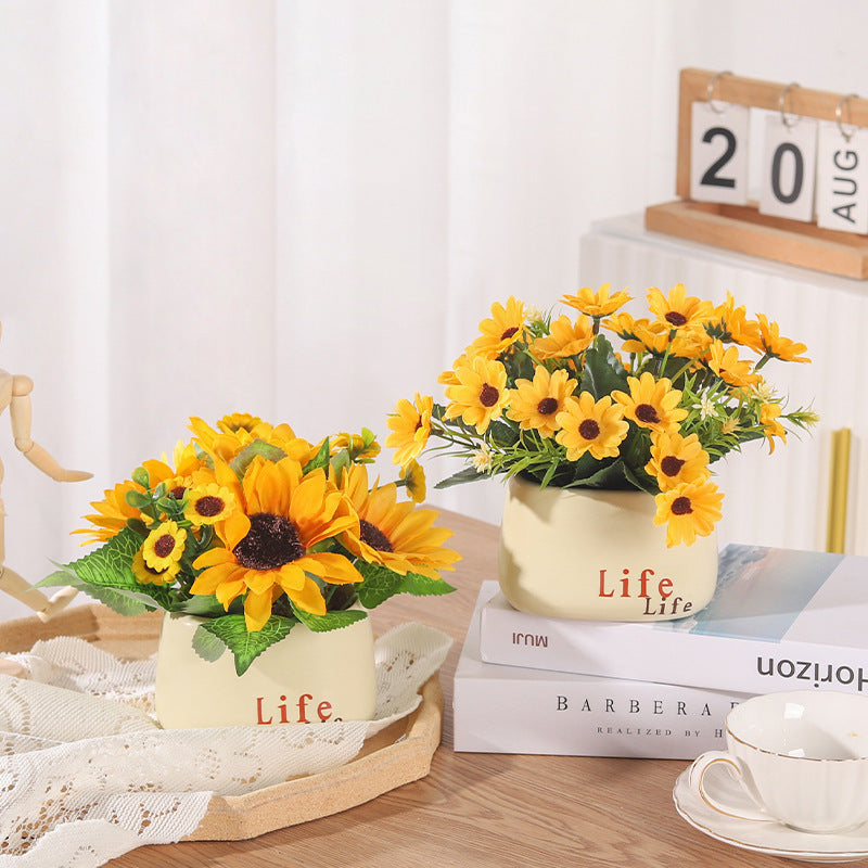 Faux Flower Pot Arrangement Ceramic Planter Decor