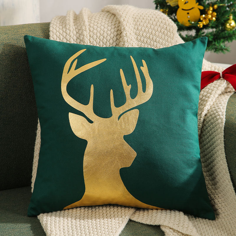 Christmas Reindeer Pillow Cover Gold Foil Tree 18x18 in