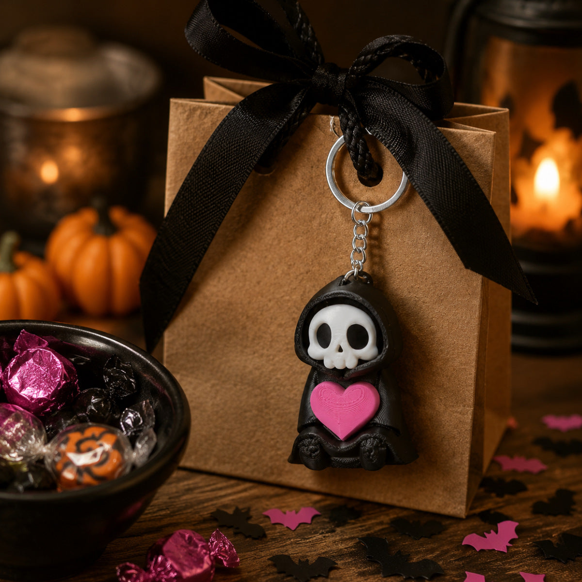 3D Printed Skull Heart Keychain PLA Gothic Gift Accessory
