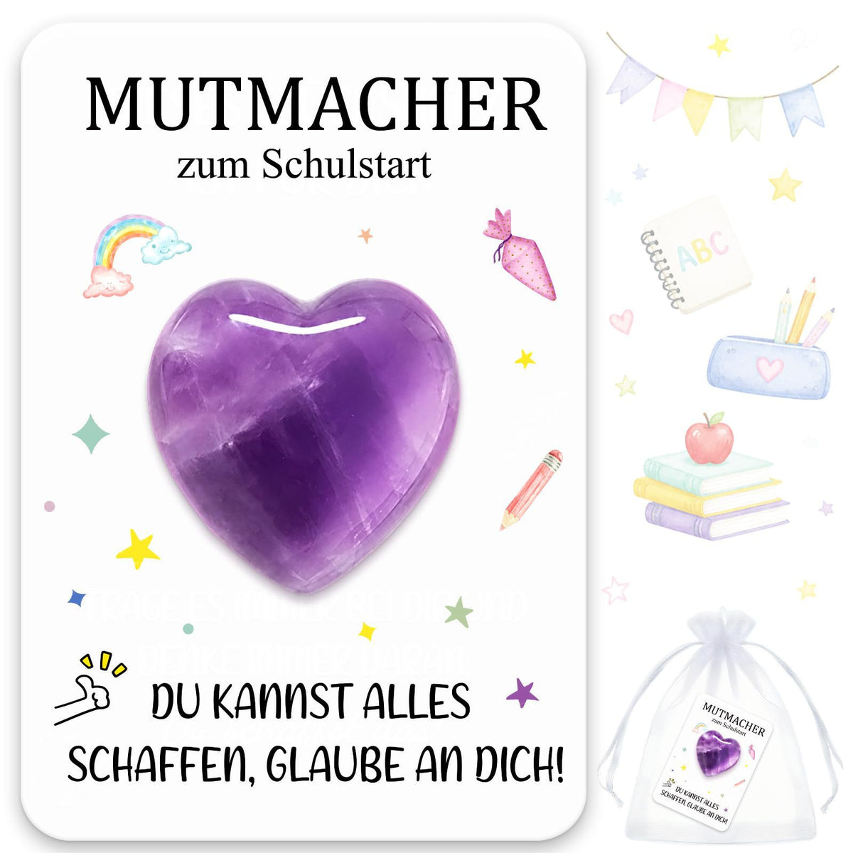 Crystal Heart Stone with Inspirational Card Positive Energy Gift