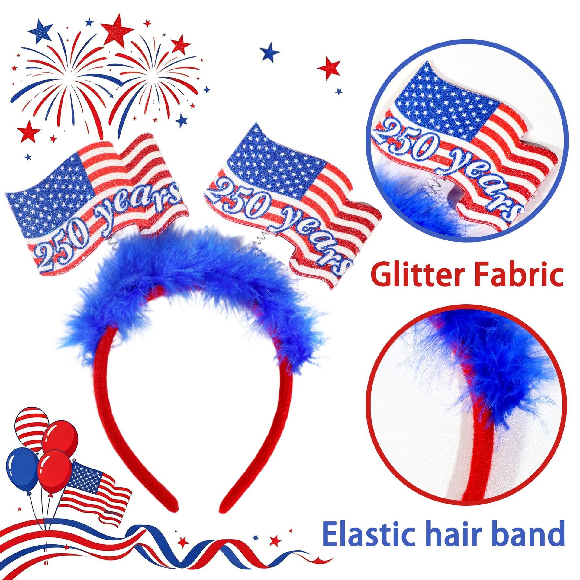 4th of July Patriotic 250th Anniversary Red White Blue Headband
