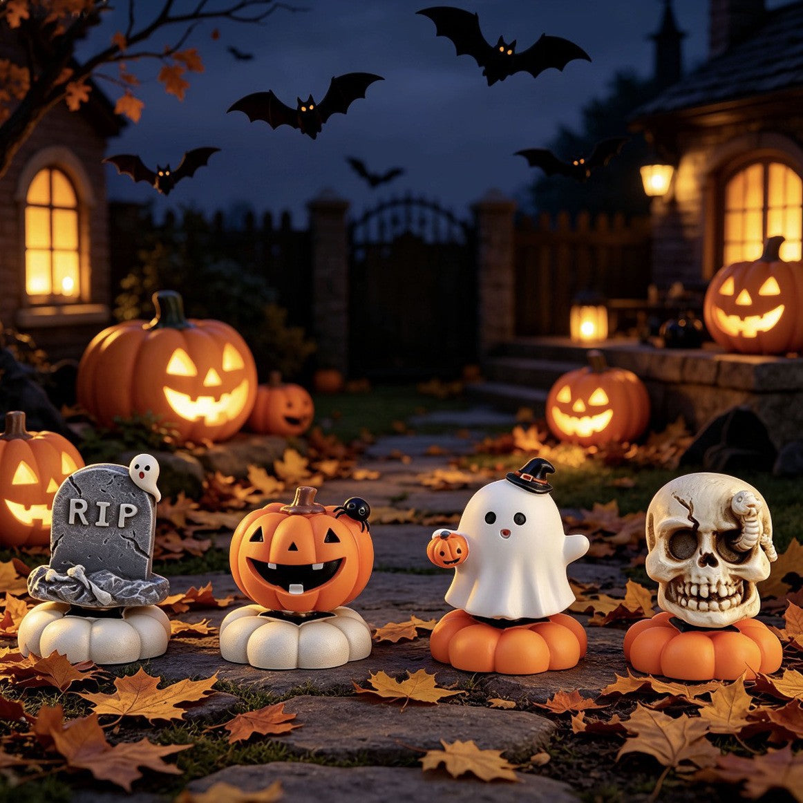 Resin Halloween Rotating Pumpkin Ghost Skull Tabletop Decoration
