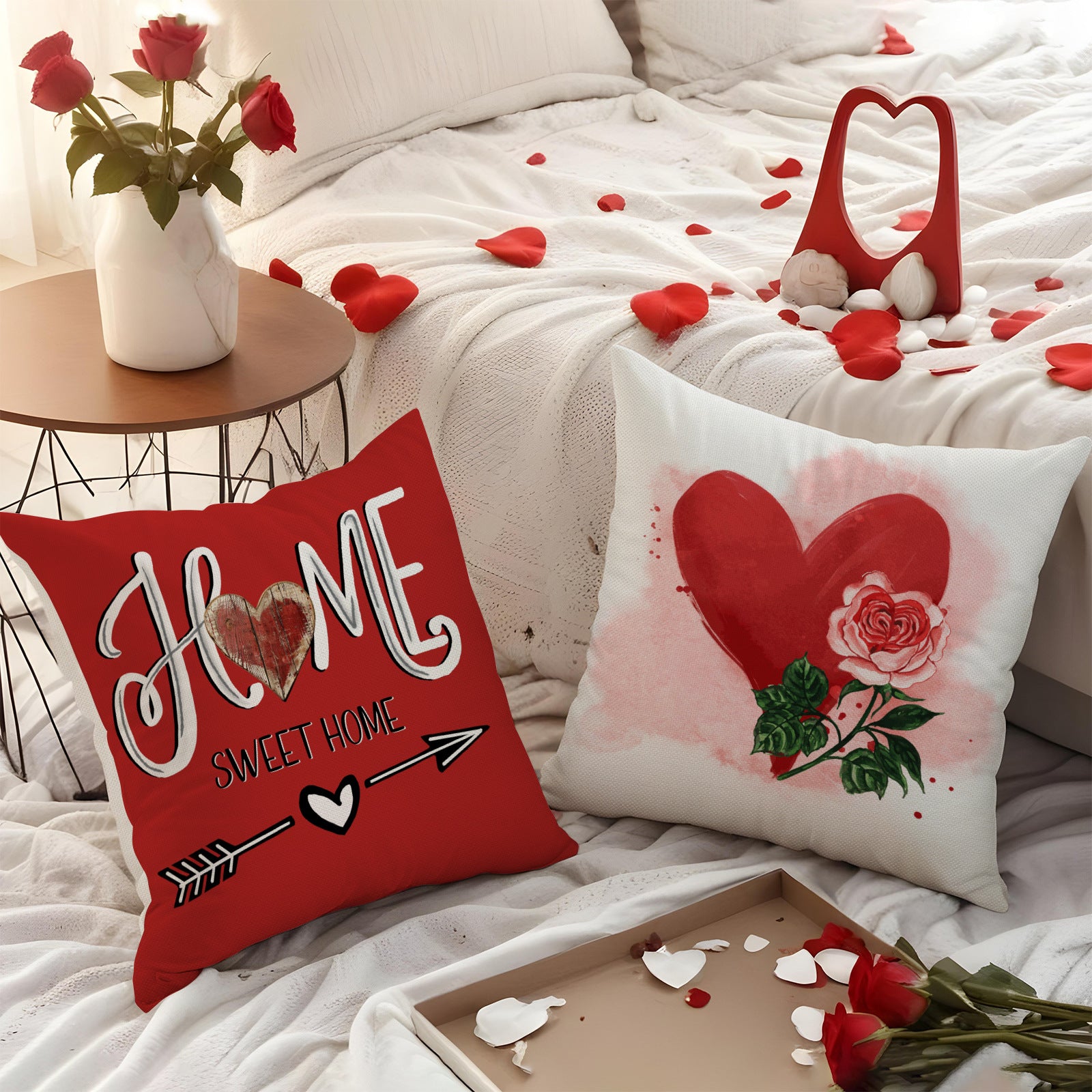 Red Valentine Heart Floral Love Decorative Pillow Cover