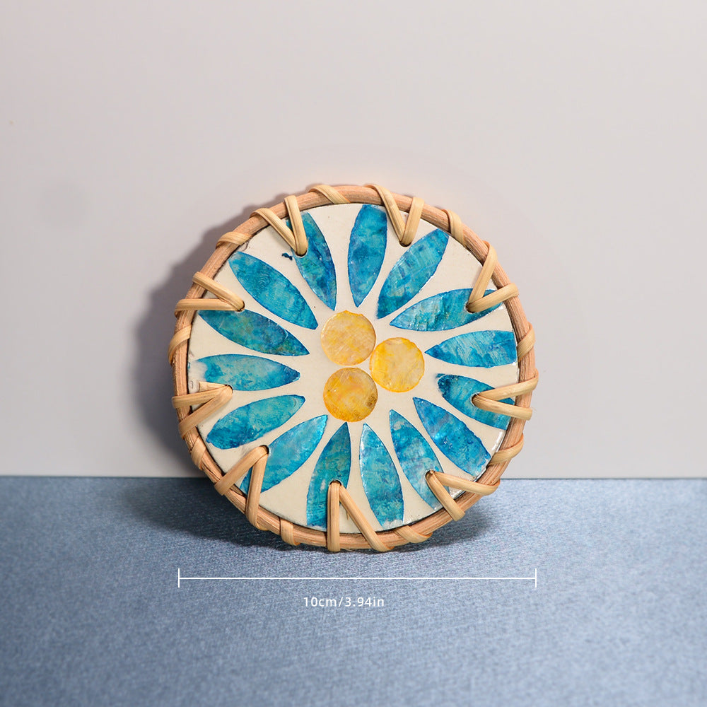 Shell Mosaic Drink Coaster Round Woven Rattan Cup Mat
