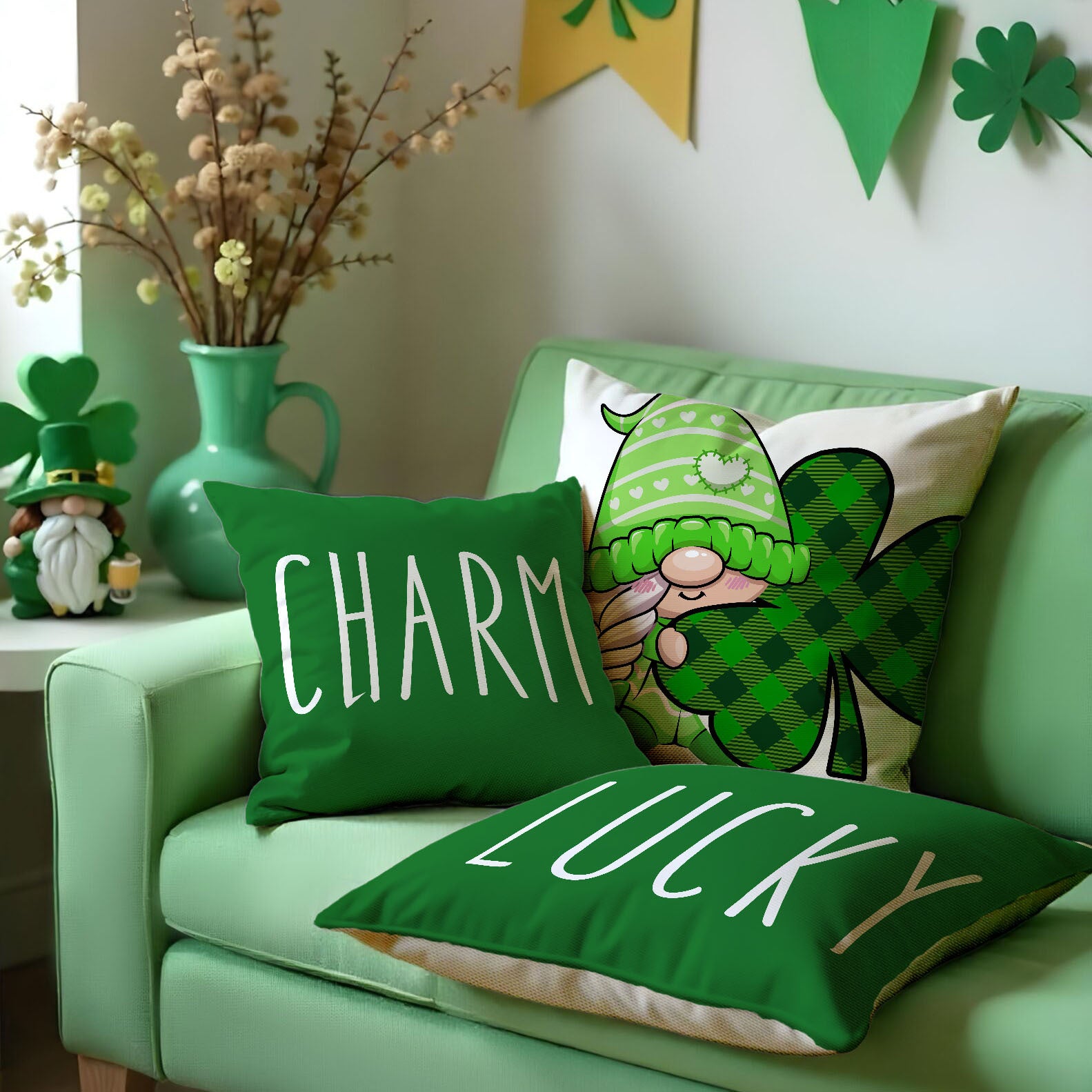 St Patrick’s Day Linen Square Throw Pillow Cover Shamrock