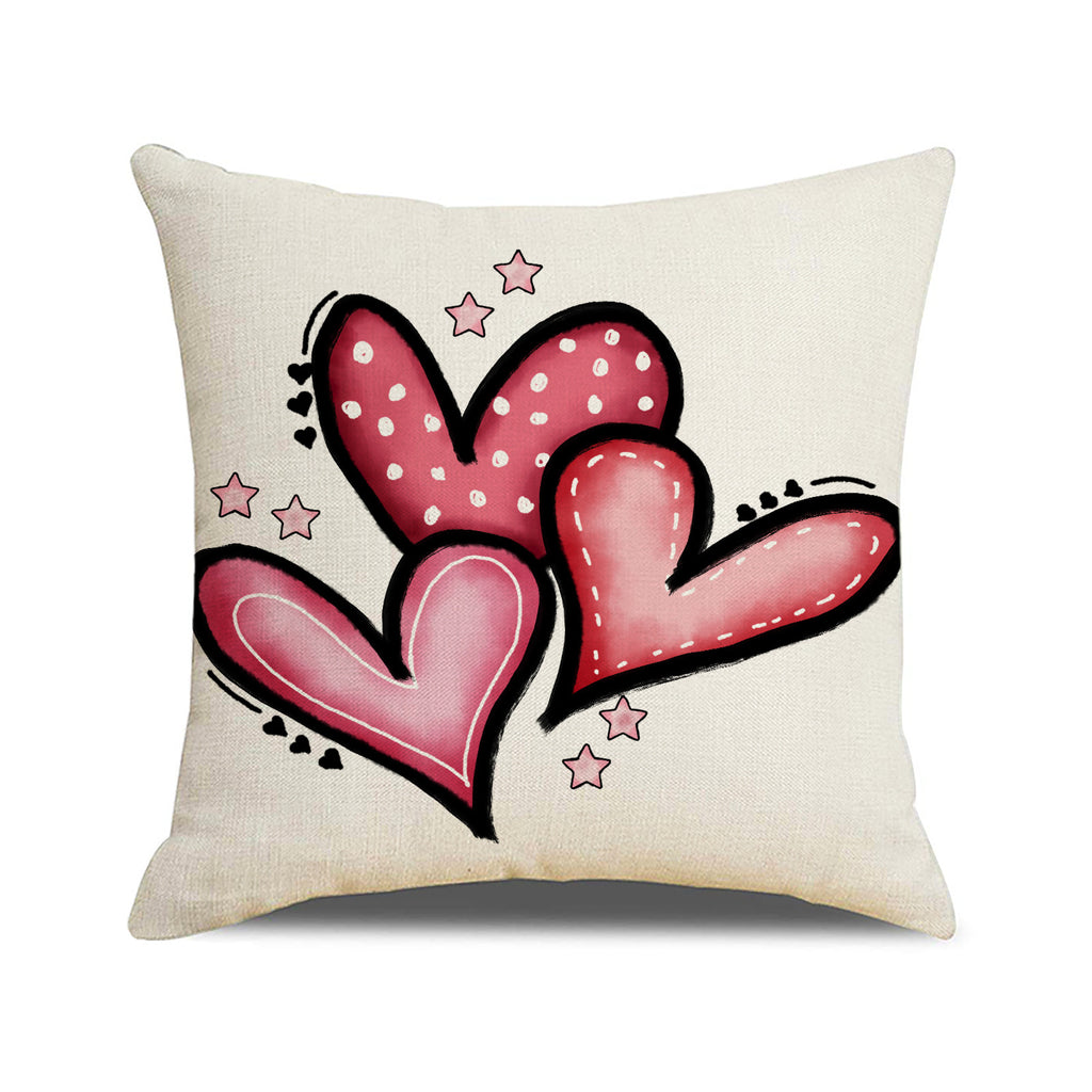 Pink Valentine Heart Print Linen Throw Pillow Covers Set