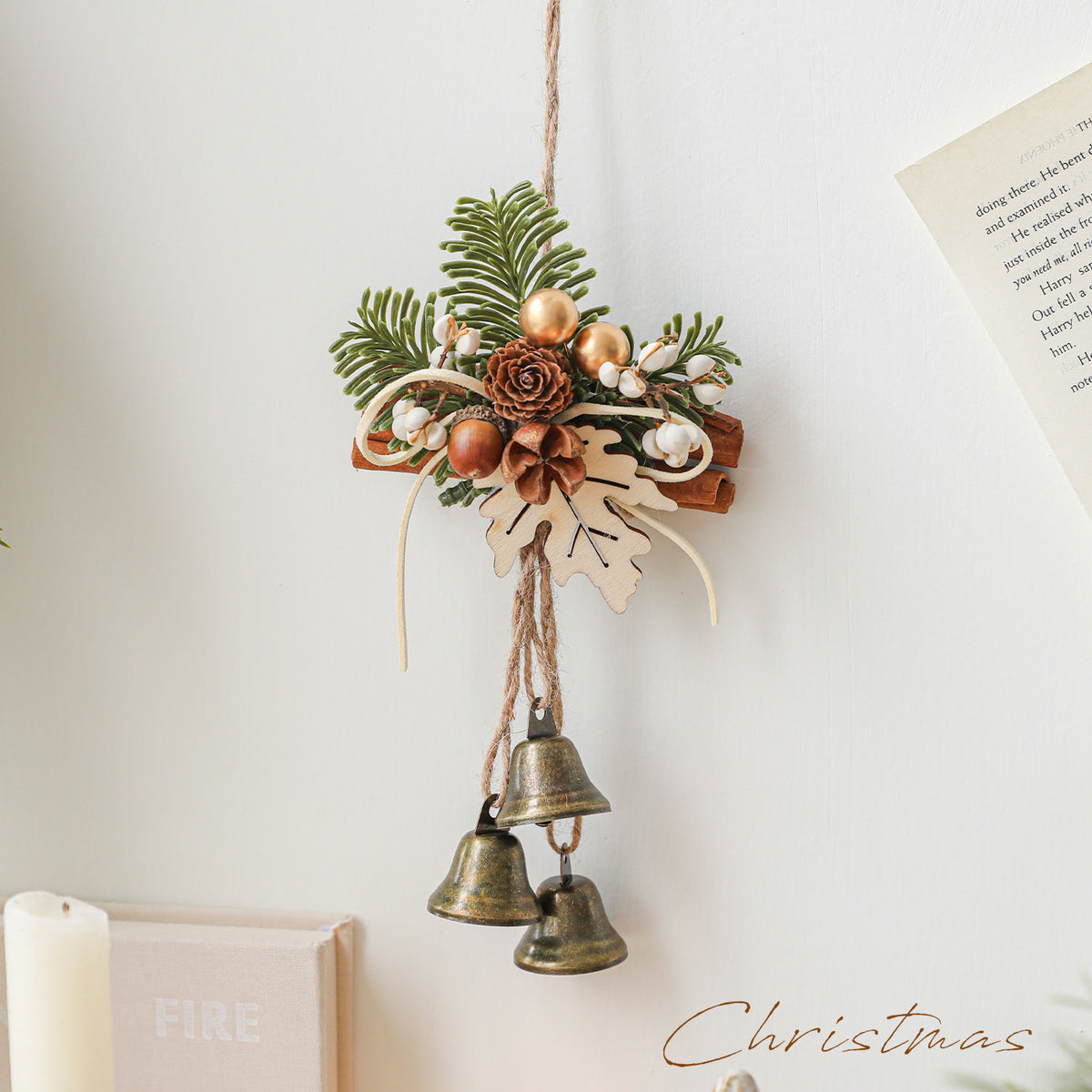 Rustic Christmas Bell Door Hanger Pinecone Decor